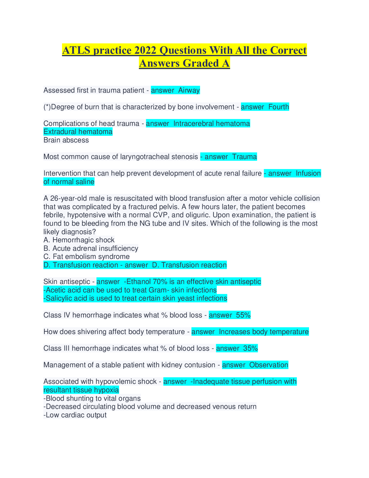 Preview image for ATLS practice 2022 Questions With All the Correct Answers Graded A